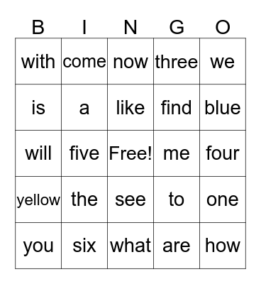 sight words Bingo Card