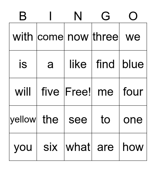 sight words Bingo Card