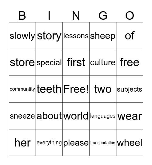 2nd Grade, Lesson 13 Bingo Card