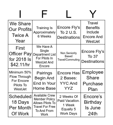 WestJet Encore Bingo Card