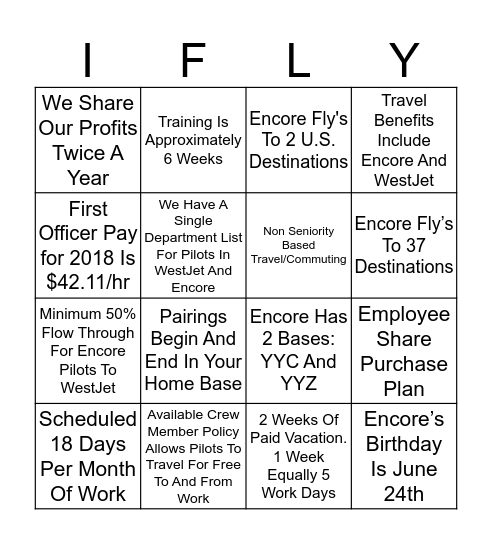 WestJet Encore Bingo Card