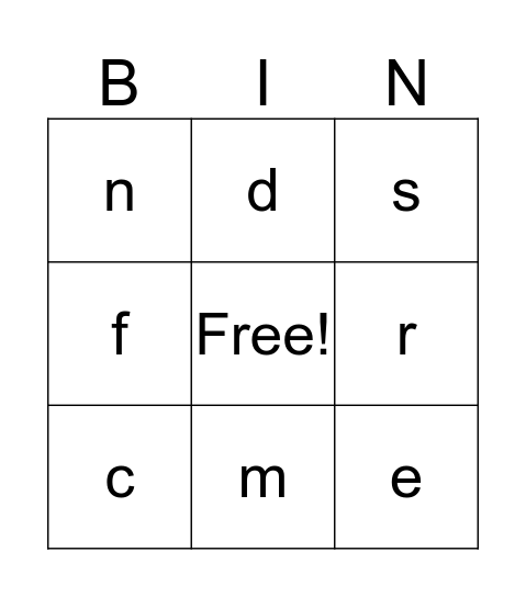 Letter e Bingo Card