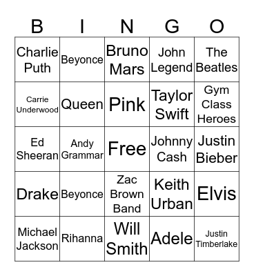 Musical Artist Bingo Card