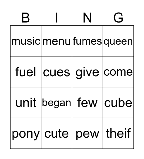 Gr 2 U3-W5: Long u: u-e, ew, ue, u Bingo Card