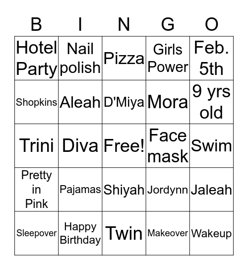 D'miya's 9th Birthday Bingo Card