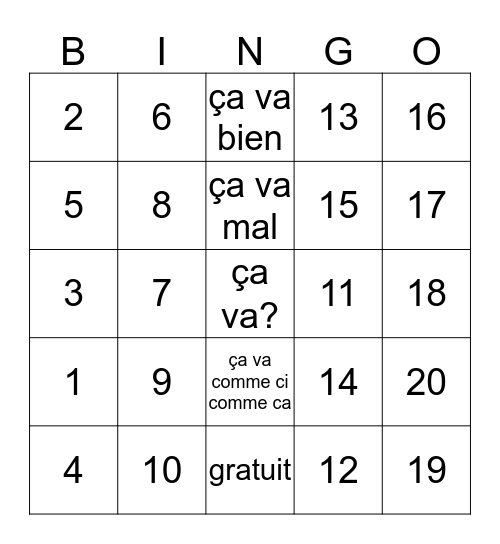 les numéros et le vocabulaire Bingo Card