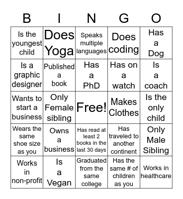 Social Networking Bingo Card