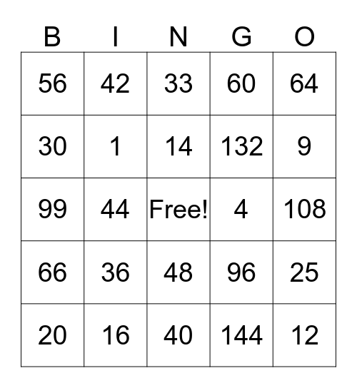 MULTIPLICATION Bingo Card