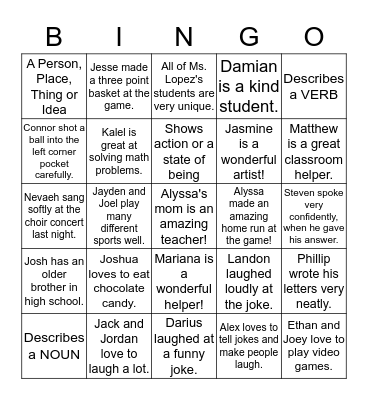 Parts of Speech Bingo Card