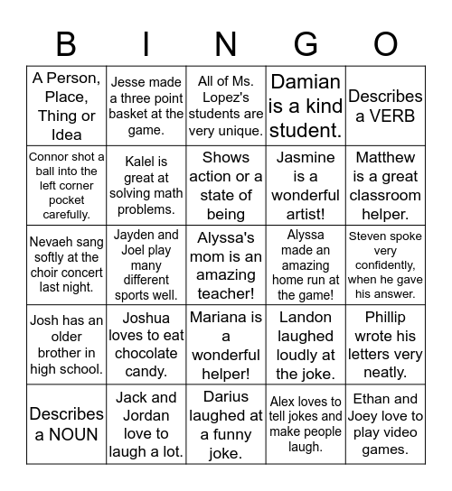 Parts of Speech Bingo Card