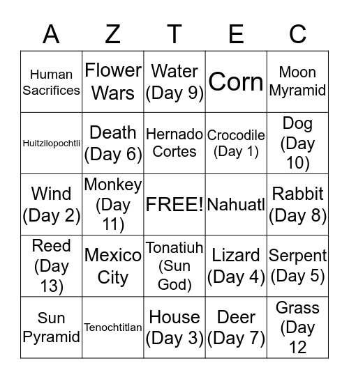 Aztec Bingo Card