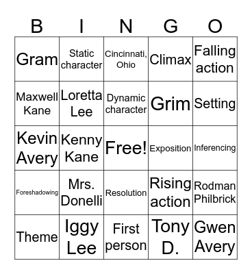 Freak the Mighty Bingo Card