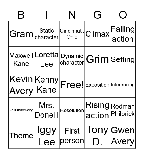 Freak the Mighty Bingo Card