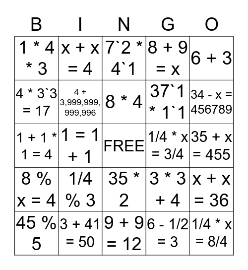 Brooke & Sahana's Algebra Challenge Bingo Card