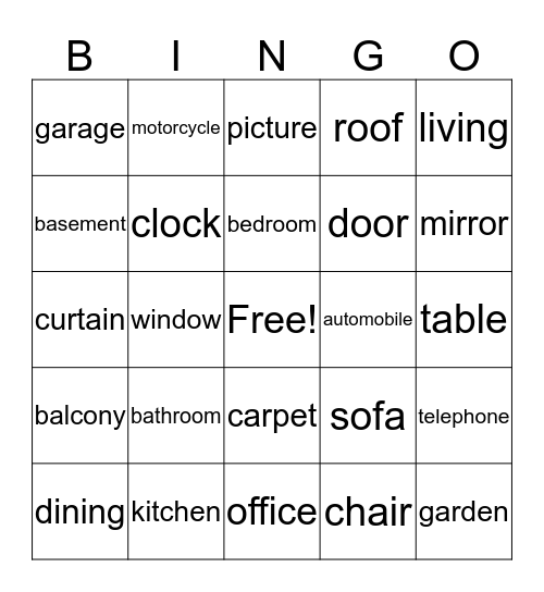 Parts of a House Bingo Card