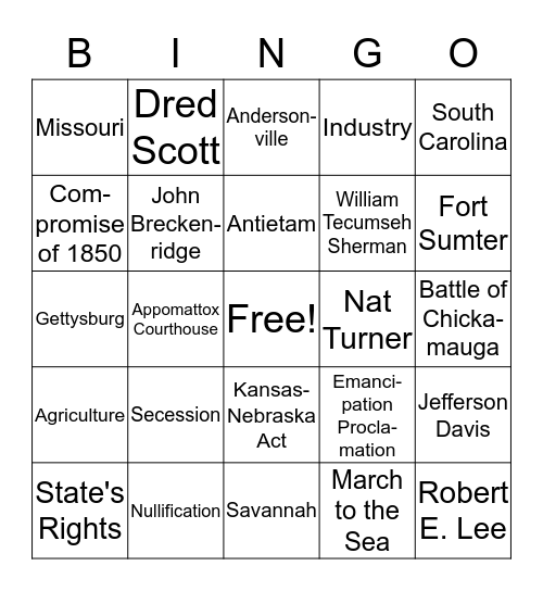 Civil War Bingo Card