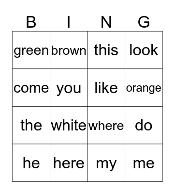 Sight Words Bingo Card