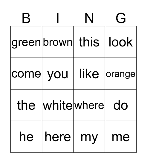 Sight Words Bingo Card