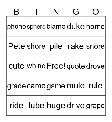 Silent E BINGO Card