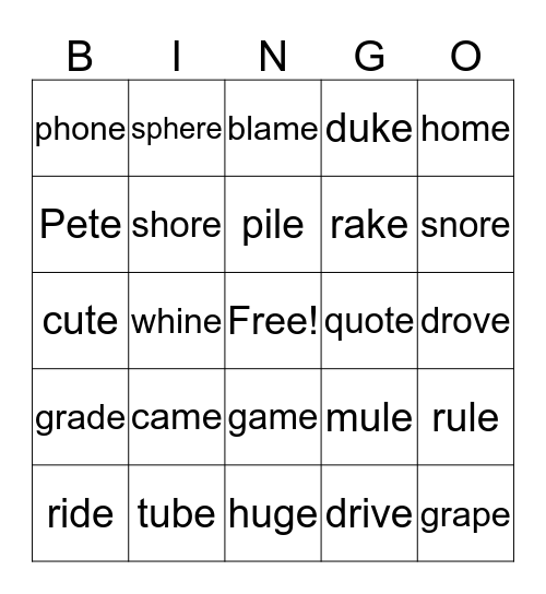 Silent E BINGO Card