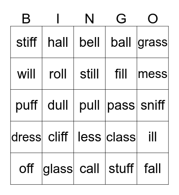 Year 7 - Literacy Words  (ff,ll,ss) Bingo Card