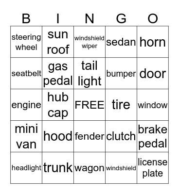 SSP Unit 5: Cars Bingo Card