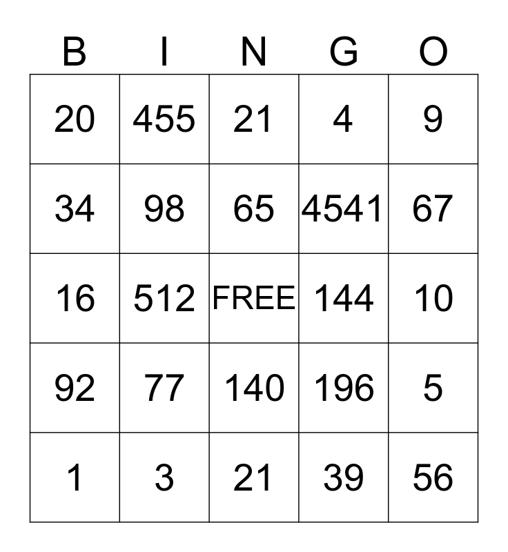 Order of Operations Bingo Card