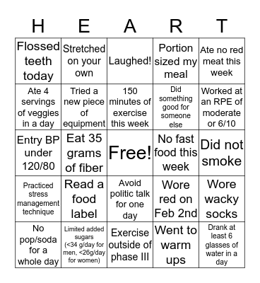 Heart Health Bingo! Bingo Card