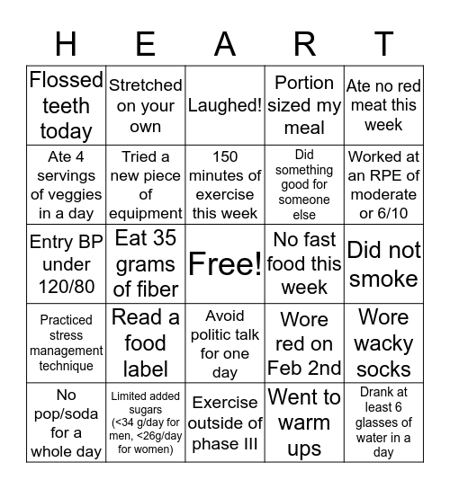 Heart Health Bingo! Bingo Card