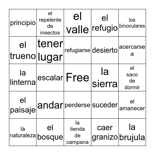 Span 3 Vocabulary 1A Bingo Card