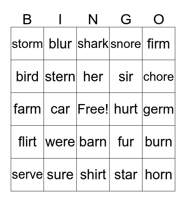 Controlled "R" Bingo Card
