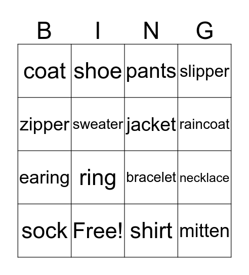 Clothing Bingo Card