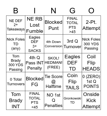 SUPER BOWL BINGO Card