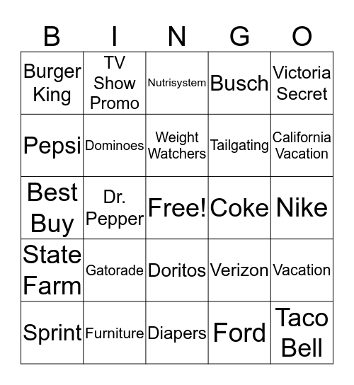 Superbowl Commercial Bingo Card