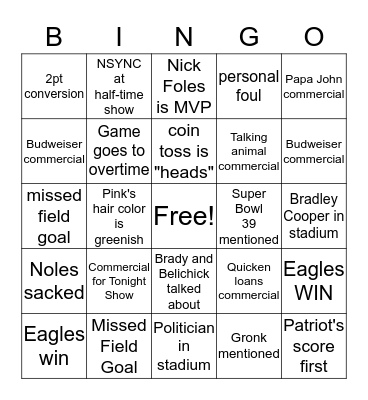 Super Bowl LII Bingo Card