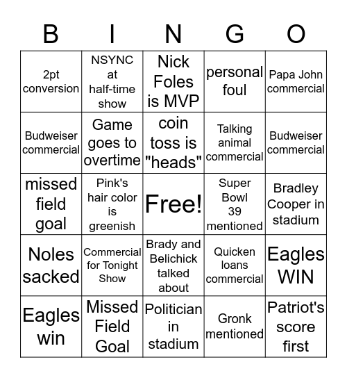 Super Bowl LII Bingo Card