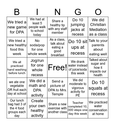 A Healthy Lent Bingo Card