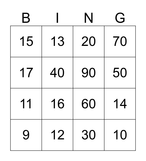 Number Bingo Card