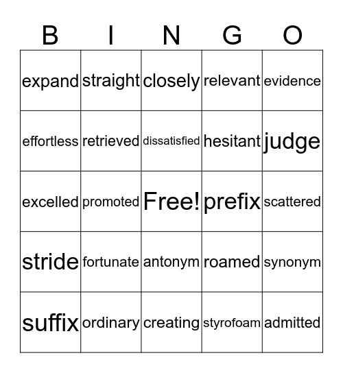 STAAR Words Bingo Card