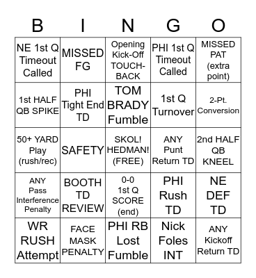 SUPER BOWL BINGO Card