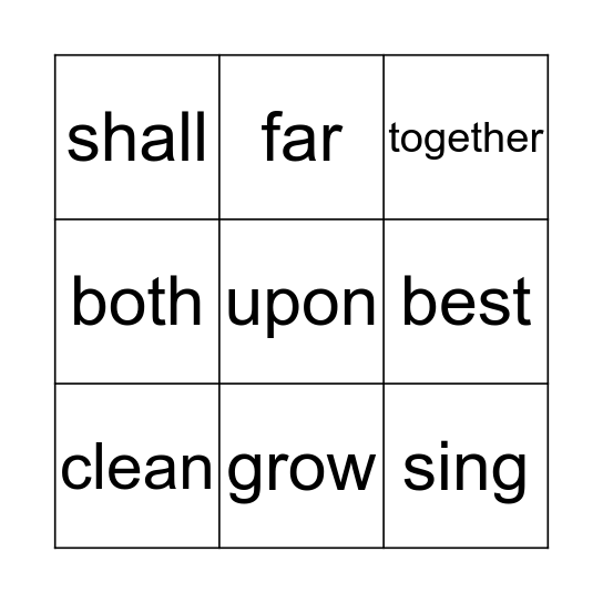 Most Common Words  Bingo Card