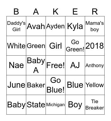 Baby Baker Bingo Card