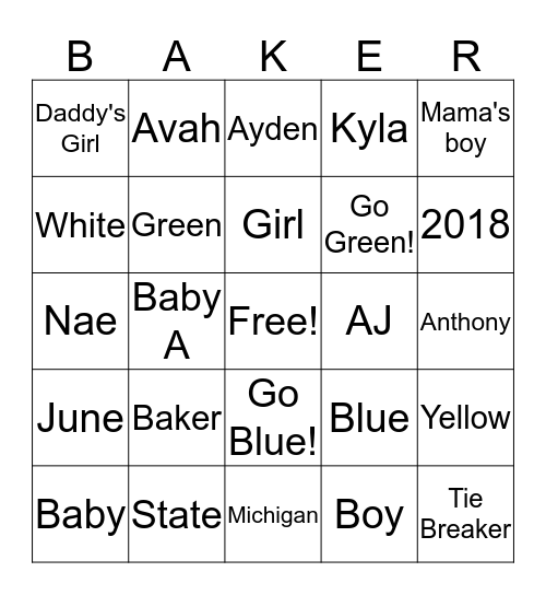 Baby Baker Bingo Card