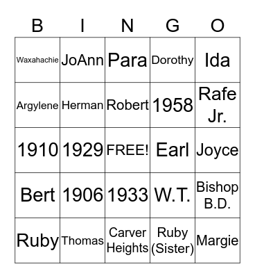 Jackson Family Bingo Card