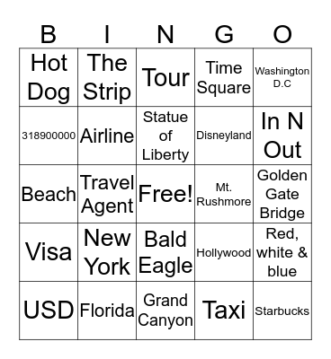 American Tourism Bingo Card