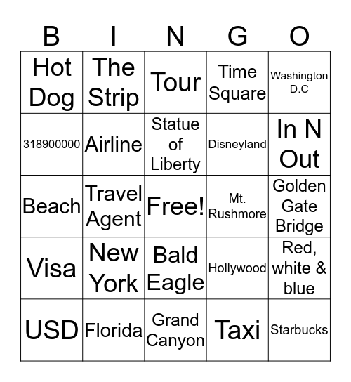 American Tourism Bingo Card