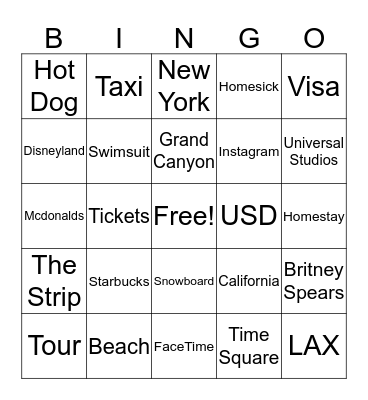 American Tourism Bingo Card