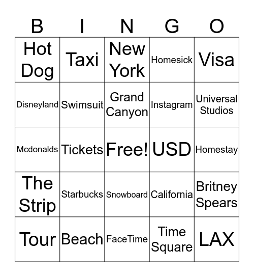 American Tourism Bingo Card