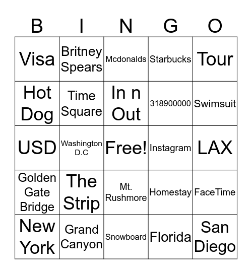 American Tourism Bingo Card