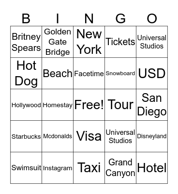 American Tourism Bingo Card